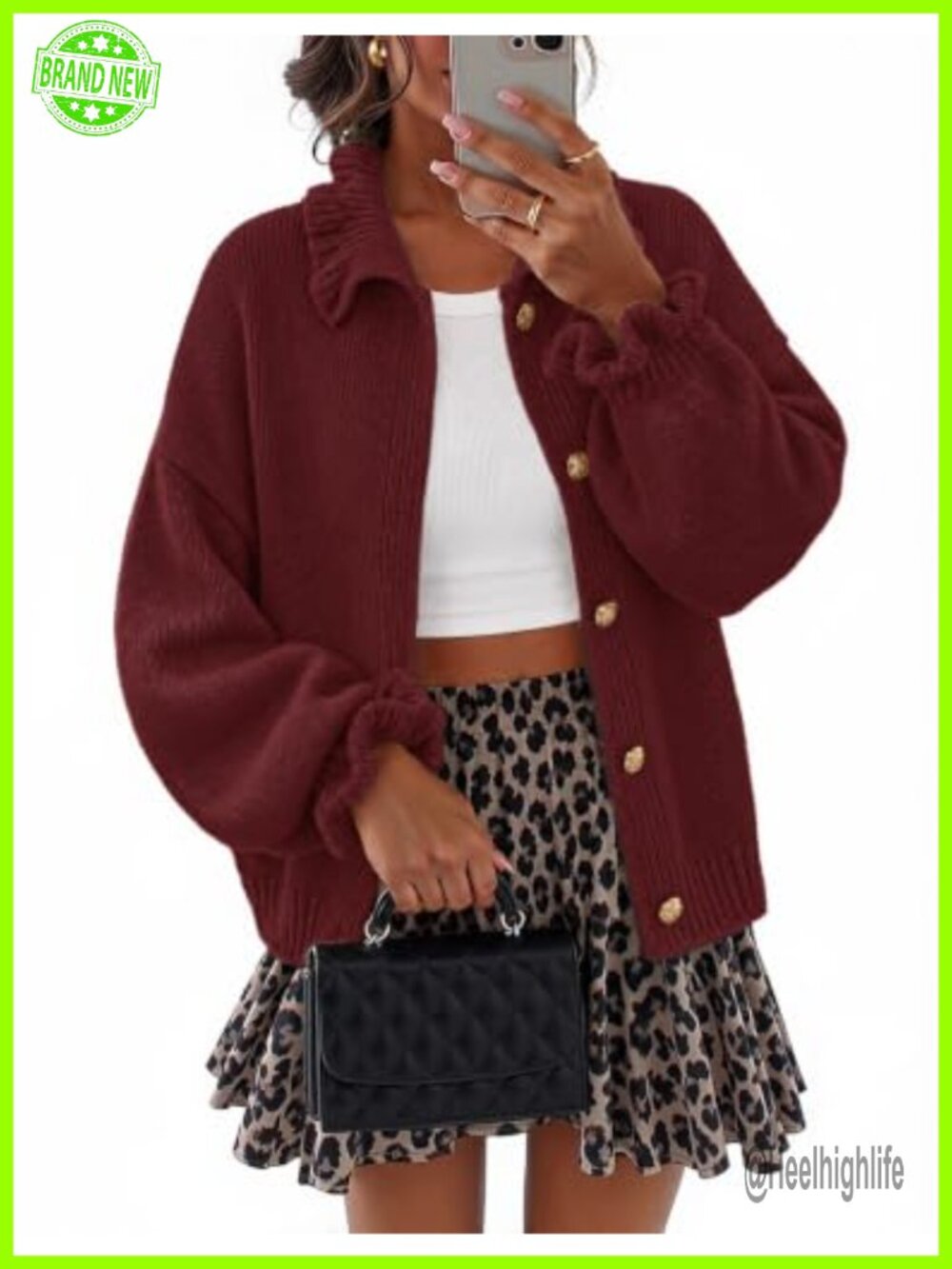 Women Chunky Knit Cardigan Ruffle Mock Neck Lantern Sleeve Button Sweater